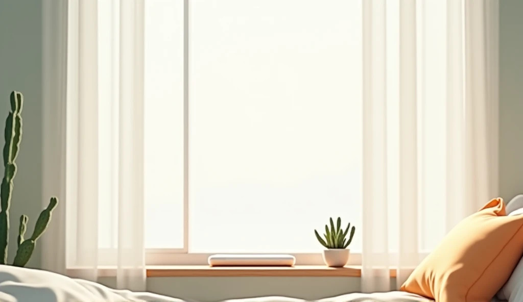 The white bedroom window sill has a smartphone on it, there is a cute little cactus plant