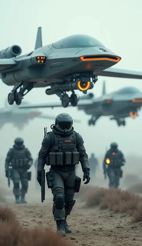 Images of military drones and futuristic weapons generated and soldiers clutching laser rifles 
