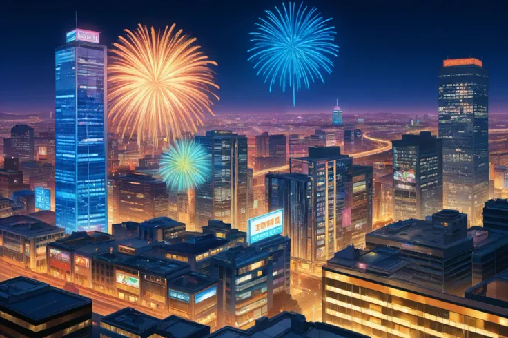 。 brightly illuminated cityscape with fireworks launched into the sky, A brightly colored painting of a city with a rainbow in the sky Hiroshi Nagai , CG Society contest winner , Art Deco, colorful city, just a joke , Neon City, Neon City in the backgr...