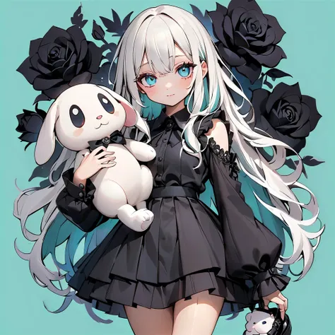 Beauty、Cyan Background、 Black clothes  、 pretty face、Baby Face、((( detailed eyes 、 droopy eyes )))、 long sleeve with flared cuffs 、Shoulder out、 one-piece flared skirt 、 holding a stuffed rabbit in one hand、black and light blue socks 、Gothic Shoes、 facing ...