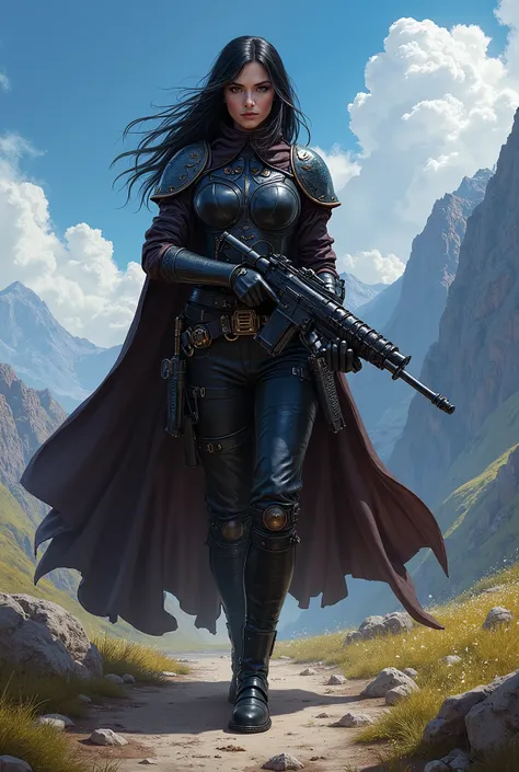 In RPG style, in style of Warhammer 40000: Rogue Trader, in style of fantasy painting. Full body view, looking at the viewer. Image of a female aristocrat psyker, wielding a Submachine gun. Dark hair. Tight dark leather armor with dark blue elements. Dark ...