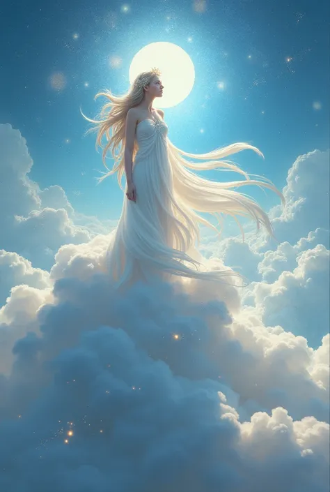 Create a goddess named Ajura ,  that is related to a sky theme.  Hasla on top of a giant cloud 