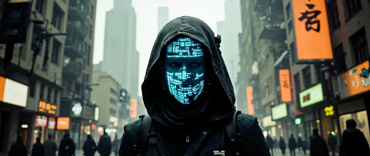 apoclypse cyber information scout, dressed in sleek, dark mechanical armor with intricate, weathered details, stands in a dynamic pose. The armor is adorned with glowing neon accents in electric blue and vibrant tangarine highlighting its advanced technolo...