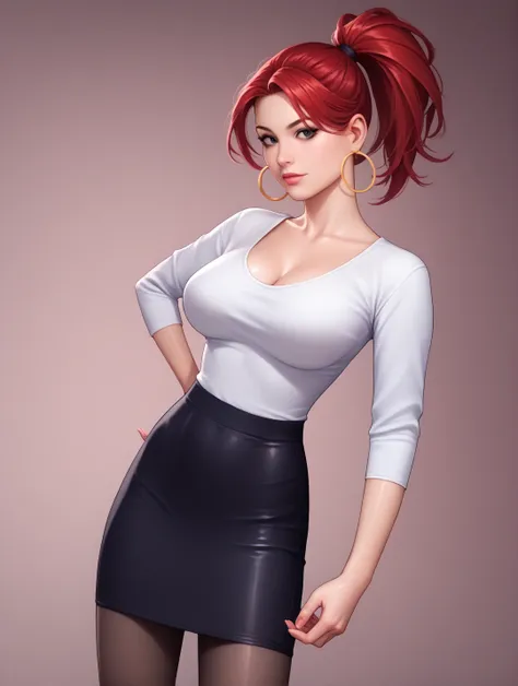 masterpiece,best quality,shiny skin, realistic,dynamic pose, perspective,
 
frankie_foster, 1girl, hoop earrings, large breasts,pantyhose, red hair,shirt,cleavage, makeup,black eyes, ponytail, 