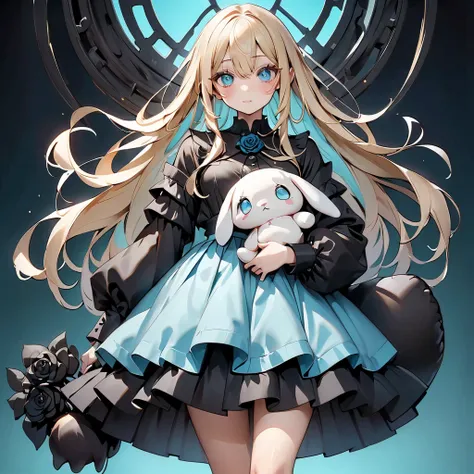 Beauty、Cyan Background、 Black clothes  、 pretty face、Baby Face、((( detailed eyes 、 droopy eyes )))、 long sleeve with flared cuffs 、Shoulder out、 one-piece flared skirt 、 holding a stuffed rabbit in one hand、black and light blue socks 、Gothic Shoes、 facing ...