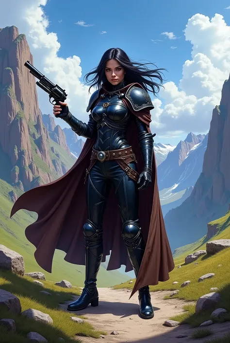 In RPG style, in style of Warhammer 40000: Rogue Trader, in style of fantasy painting. Full body view, looking at the viewer. Image of a female aristocrat psyker, wielding a black revolver. Dark hair. Tight dark leather armor with dark blue elements. Dark ...