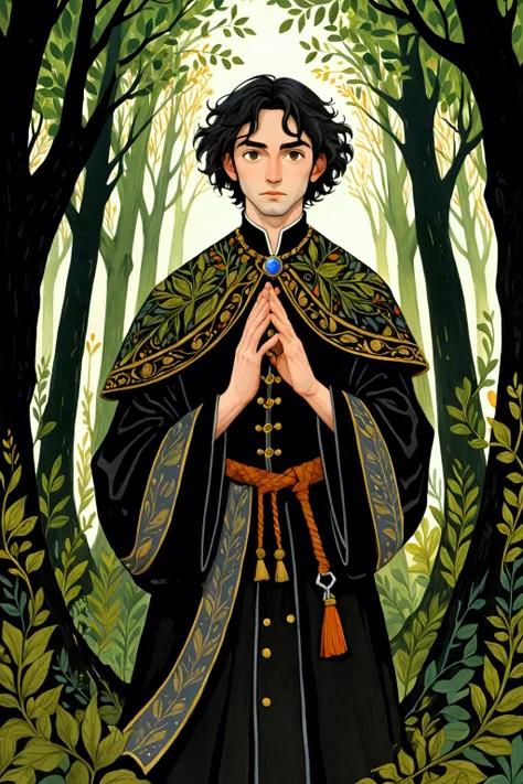 2D ART, hyper detailed gouache painting, illustration, gougoupaintleaves style, portrait of 1man, dynamic scene, in dispair into the woods, detailed perfect hands, detailed face, accurate features, hyper detailed vibrant medieval clothing, standing in a da...