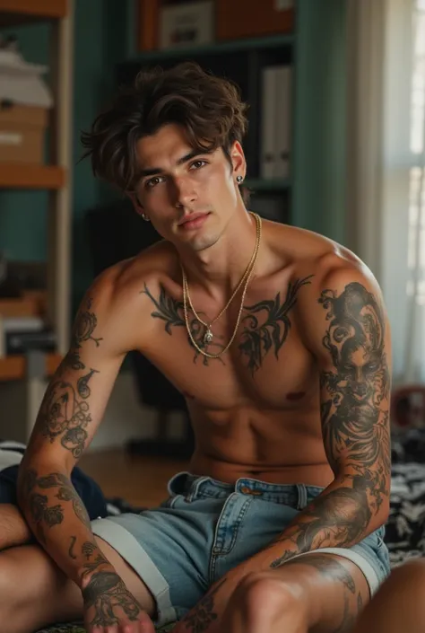 hot frat guy in college, 25 years old, gamer aesthetic look, slim build with toned muscles and tattoos, messy hair, in a dorm room leaning against the bed.