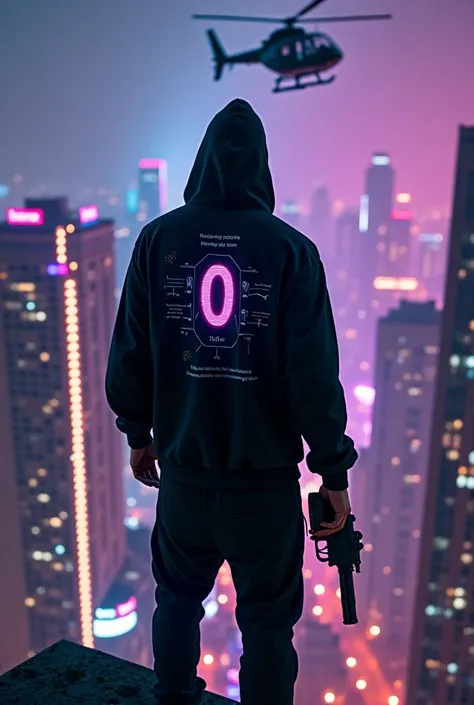 A **rapper**, seen from behind, stands on the edge of a towering skyscraper at night. He wears a **full black sports tracksuit with a hoodie**, and on the back, the word **"Lenz"** is boldly printed above the **number 0**. Inside the hollow center of the *...