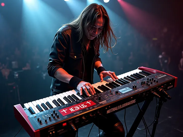 LONGHAIRED METALHEAD PLAYING DOUBLE KEYBOARD, WEARING A BLACK SHIRT AND LEATHER AND HAVING THE INSTRUMENT SAY JESUS OR HAVE A CROSS