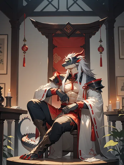 Embed:（snake：1.3）, male, green eyes, black scales，Long white hair，Single,Wear white traditional Chinese Hanfu, sit on a chair，indoor，Game CG,illustration,  alone,Melancholy atmosphere,Artistic Color Tone,. top quality scene details,aldult,Towering, muscle，...