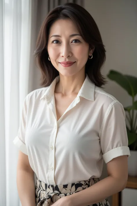   mature woman、  Japanese、48 years old (Mature Beauty: 1.5)、 kind, Enchanting Smiles 、( nasolabial folds :1.4)、  Natural Aging  、Warm Eyes 、(  upper body close-up shot :1.3)、  Soft  , Natural wrinkles 、  clean skin (1.4)、  very detailed (1.4)、 Unmatched Be...