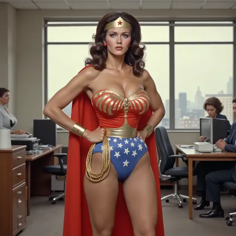 HANDS ON HIPS, OFFICE SCENE. A SEXY LYNDA CARTER AS THE ICONIC 1960 WONDER WOMAN, WEARING A SPANDEX WONDER WOMAN COSTUME, SPANDEX PATRIOTIC BLUE SKIRT. A RED PATRIOTIC WONDER WOMAN CAPE, RED WONDER WOMAN BOOTS. HER GOLDEN LASSO ATTACHED TO THE SIDE OF HER ...