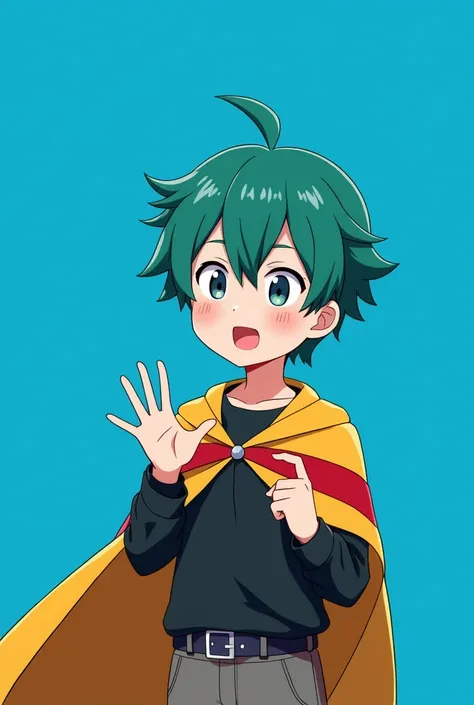  A not very tall boy,green haired, with a blue star located hair , he wears a black blouse with a yellow cape with a LARGE RED STRIPE, anime style, blue background,Is he explaining something