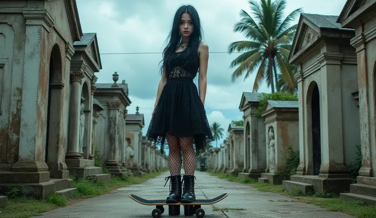 A striking gothic scene featuring a 17-year-old girl with long black hair, piercing blue eyes, and pale skin standing on a skateboard in an ornate seaside cemetery. She wears a black lace dress, fishnet stockings, and platform boots adorned with buckles, e...