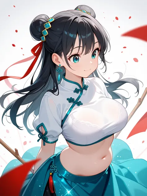  1 girl, Alone,  long hair,  blue eyes,   black hair,   Aqua Eyes,  happy,  closed her mouth,Bouncy boobs,  slender,Belly button, hair bun,   object  ,  stick out hips, shirt,  skirt,  Long Sleeve, ribbon,   jewelry, white  shirt, Short sleeve,  earrings, ...