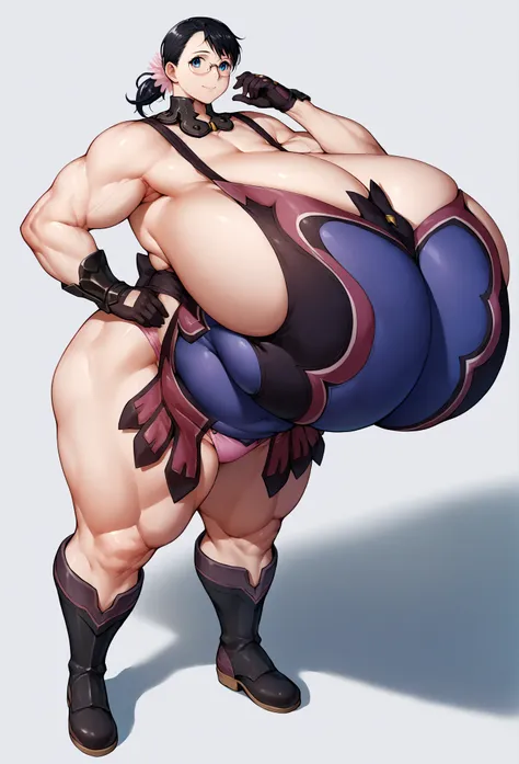  score_9,  score_8_ up the side,  score_7_ up the side,  score_6_ up the side,  score_5_ up the side,  score_4_ up the side, Cattleya,   black hair, ponytail,Glasses,  blue eyes,smile,
((gigantic breast)),Breast milk leaks,( plump),chubby,Muscular arms,Leg...