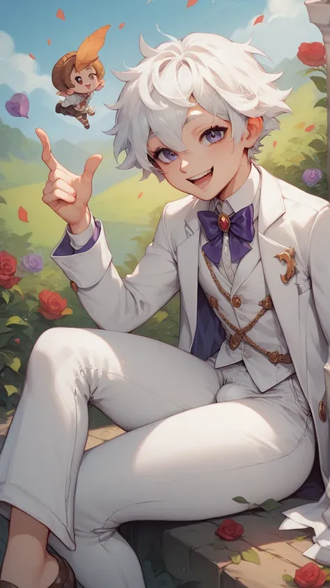 Cute man,Face like a woman,White hair, short hair , Wizard's Set,White suit,The White Pants , white veil ,smile,The little man,femboy,Big legs,Look at you , Hair Messy 