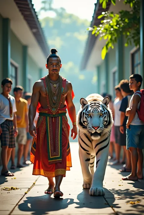 A Balinese man walks in high school with a white tiger