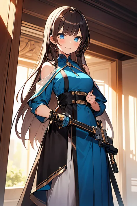   one girl , Based on blue,   has semi-long hair and is dual-wield,   brown hair,   high image quality,   anatomically accurate on a stepladder,  smile,  Soft light