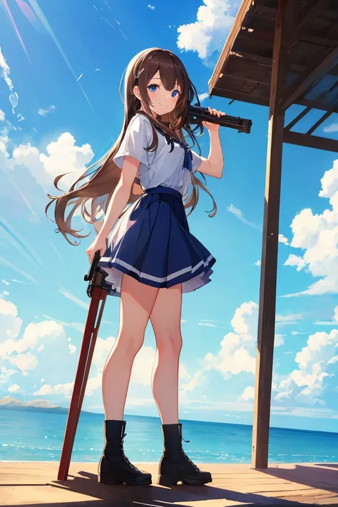   one girl , Based on blue,   has semi-long hair and is dual-wield,   brown hair,   high image quality,   anatomically accurate on a stepladder,  smile,  Soft light