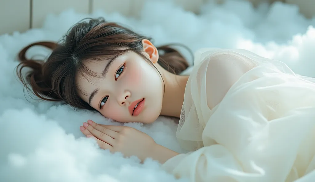 (16k, top quality, masterpiece: 1.2), (realistic, photorealistic: 1.37), super detail, she was lying on a mattress with only a see-through sheet covering parts of her body. beautiful Korea woman sleep on a cloud, detailed eyes, detailed nose, detailed Lips...