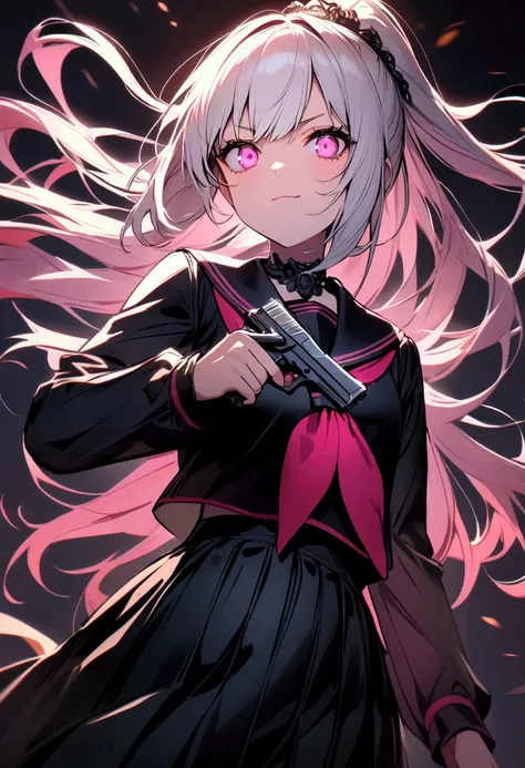 One ,  white ponytail hair ,  black sailor suit on the background、 cute face,  light pink eyes , richly decorated black mask,  have a handgun. 