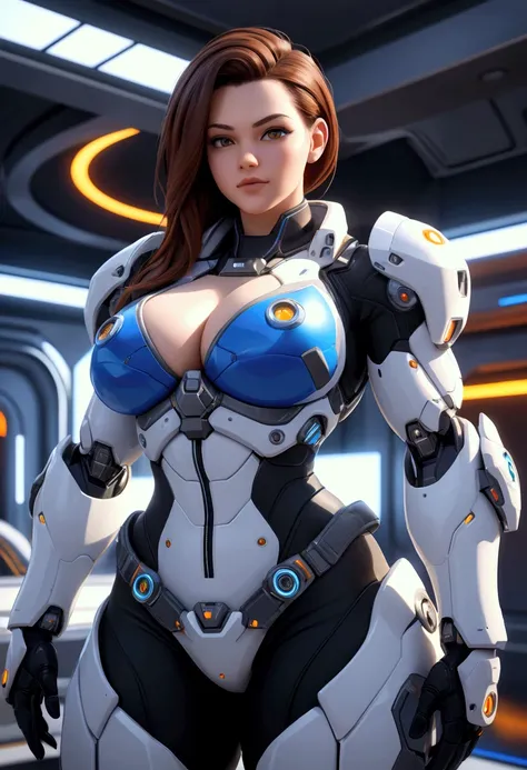 Solo, Stand Up Straight, Physically-based Rendering, Unreal Engine 5 Render, Jealous, (look Half Body:1.5), ((muscle And Bbw Body Type:1.4)), beautifull Breasts,((cleavage, low cut, open chest & Gigantic fake Breasts:1.5)), (expose 11 line Abs:1.4), (Huge ...