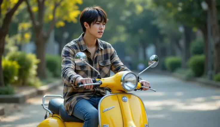 A young male student, Lee Min Ho, aged 19, wearing a flannel shirt, jeans, riding a yellow Vespa motorbike. The background shows a calm environment with little greenery. The moment captures a lighthearted interaction, with a sense of warmth and charm. UHD,...