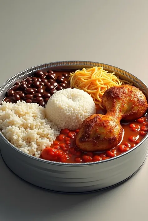 Create a realistic image of a round aluminum marmitex with rice and beans, spaghetti pasta and roasted chicken that cri wish for sales and beans with broth