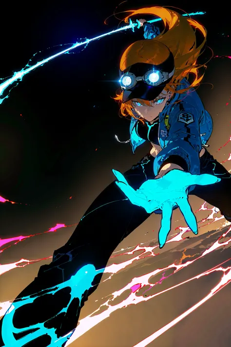 Athletic woman in futuristic fantasy clothes, orange hair under a cap, light blue eyes, white and blue jacket, black pant, glowing eyes, blue power, steam, intricate pencil sketch, un-zoom, highly detailed, fighting stance, white background,, upperbody, pe...