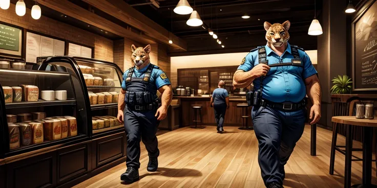 1 adult, male puma, he's fat, has a massive butt (bigger), fat arms and legs, is wearing a security uniform, pants, the puma is standing inside of a coffee store, is walking