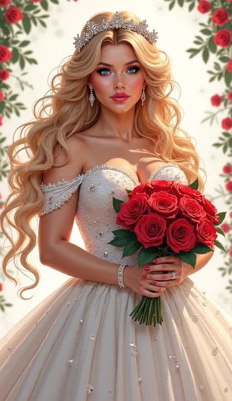  The most beautiful woman in the world, long and soft hair and blonds,  blue eyes, plump lips,  curvy body,  voluptuous,  medium breasts seductive brunette,  wearing a gorgeous wedding dress,  romantic,  elegant and sensual,  holding a bouquet of red roses...