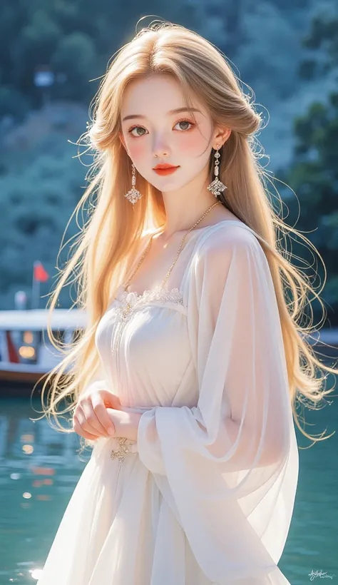  intense ink painting、Clear brown eyes 、 Perfect Face 、 cute girl、 petite and perfect style 、white flowing see-through long dress、 jewelry、 Long Blonde Hair 、 pink lips、、 Dynamic Pose 、  look at me and smile、Night Sky、Get on the boat、Beautiful lights 、beau...