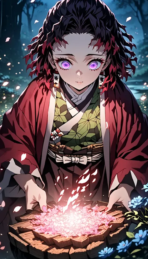 Ultra detailed, highres, absurdres, HDR, master piece, demon slayer, short red hair, bangs, light purple eyes, red haori with blue flowers patteren Kimetsu No Yaiba, fantasy, petals, magic, shining red fireflies, best quality, extremely detailed face and e...