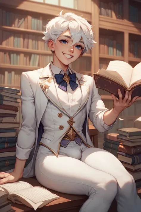 Cute man,Face like a woman,White hair, short hair , Wizard's Set,White suit,The White Pants , white veil ,smile,The little man,femboy,Big legs,Look at you , Hair Messy , Library