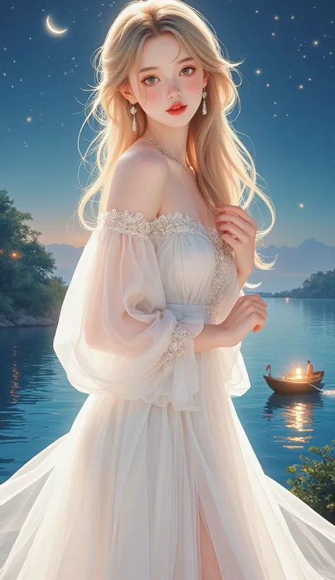  intense ink painting、Clear brown eyes 、 Perfect Face 、 cute girl、 petite and perfect style 、white flowing see-through long dress、 jewelry、 Long Blonde Hair 、 pink lips、、 Dynamic Pose 、  look at me and smile、Night Sky、Get on the boat、Beautiful lights 、beau...