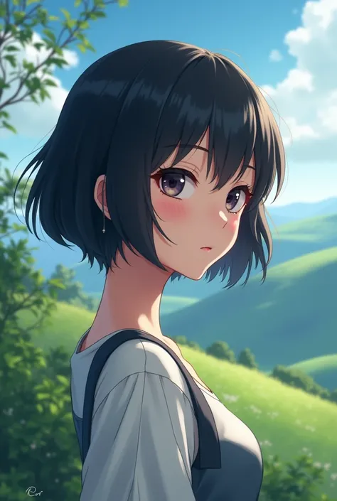 Anime woman with short hair, black hair looking silent with a slight smile, background as a natural view