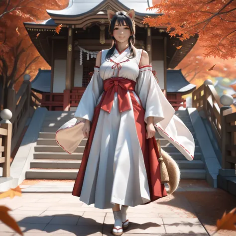 A beautiful mature woman in miko shrine maiden attire, with extremely detailed face, long flowing black hair, and dog ear-like volume lighting, standing in an autumn garden with falling leaves, (best quality,4k,8k,highres,masterpiece:1.2),ultra-detailed,(r...