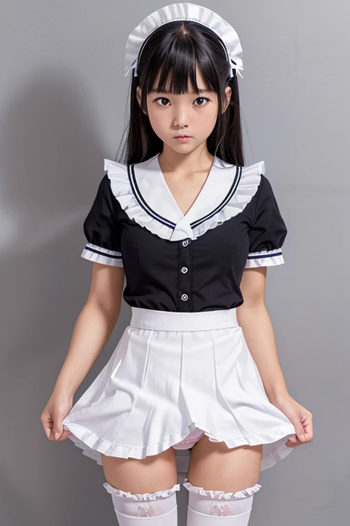  Realistic image of a Japanese middle school student standing who loves a sailor suit maid costume　 Slim Body　(Black maid costume with lots of frills and ribbons )　( Lift Your Skirt By Yourself :1.3)　(I'm exposing my panties:1.3)　(Plain white cotton pantie...