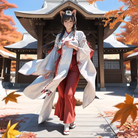 A beautiful mature woman in miko shrine maiden attire, with extremely detailed face, long flowing black hair, and dog ear-like volume lighting, standing in an autumn garden with falling leaves, (best quality,4k,8k,highres,masterpiece:1.2),ultra-detailed,(r...