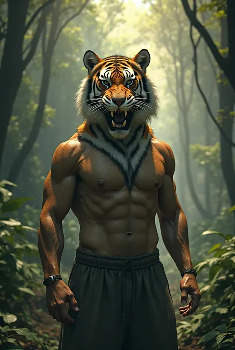 The man is in a big forest, but with the head is a tiger.