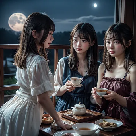 Moonlit Tea Ceremony, Girls having a tea party under the moonlight, very cute face,  perfect face, perfect anatomy, masterpiece, best quality, 8k,