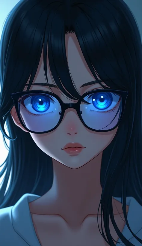 Anime Mature Face Girl 8k Big Long Hair Falling on Her Face Dark Glasses Blue Lenses Stare at the Observer.  high definition,  well lit 