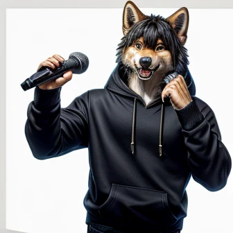  wolf with microphone 、white light gray wolf 、black long sleeve hoodie and black jeans、A head with voluminous hair like a Shiba Inu、