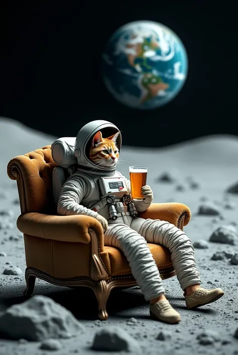 Astronaut cat sitting on a sofa on the surface of the moon, Drinking beer looking at planet Earth in the background.