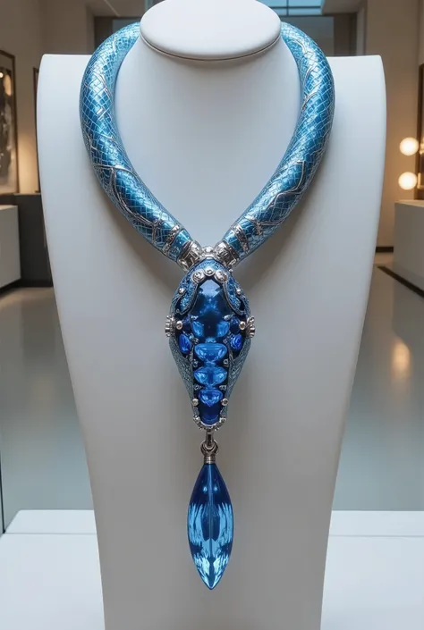 A stunning snake-shaped necklace, designed with the serpent’s body elegantly coiled into a teardrop shape. The snake’s head is positioned downward, showcasing intricate details and features that convey a sense of grace and allure.The necklace is adorned wi...