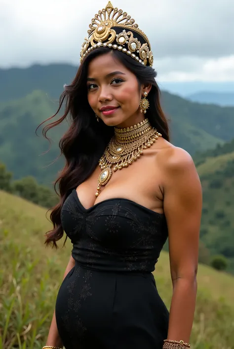 1 , (( tanned skin:1.25):golden skin)),  warm skin tone ,  Austronesian , Indonesian,  huge breasts, Baby Batik , ( strapless black dress :1.4),  batik strap , royal jewel helmet ,  intricate gold bracelet,  royal statement necklace , cloudy weather,  soft...