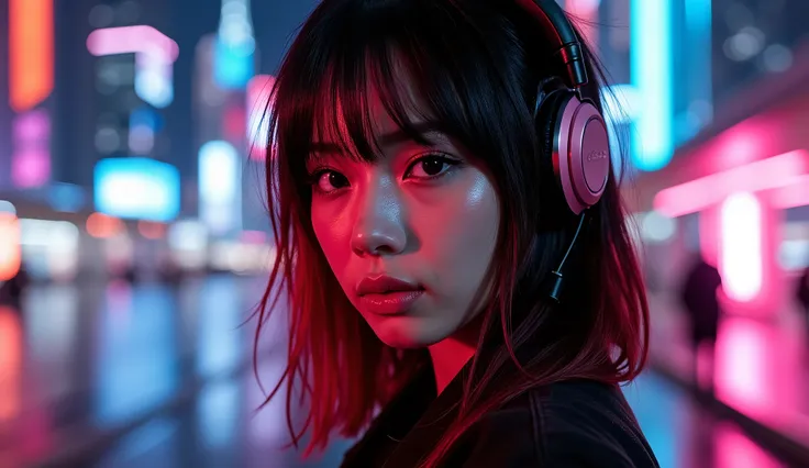 The best photos for TikTok、Black and red hair、 short hair、Beauty、 DYNAMIC ANGLES、ヘッドフォンをしているBeauty、Night city background with neon lights