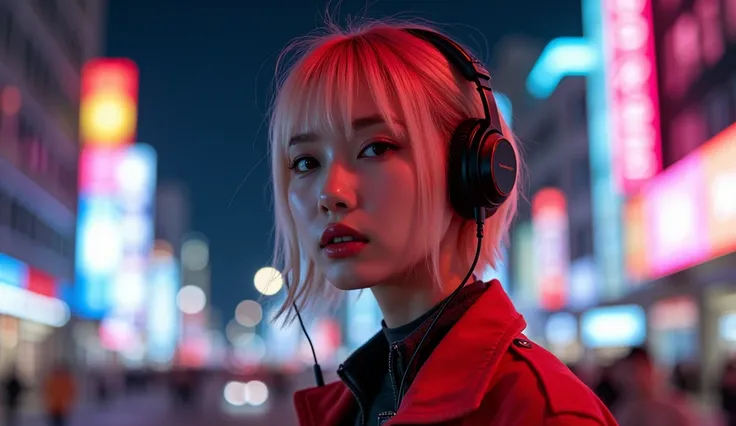 The best photos for TikTok、 blonde、 red inner color、 short hair、Beauty、 DYNAMIC ANGLES、ヘッドフォンをしているBeauty、Night city background with neon lights